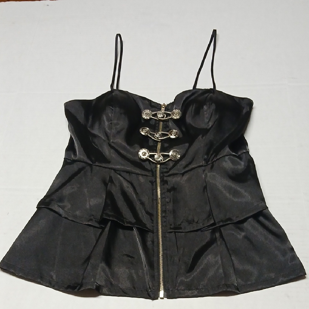 Te Amo Y2K Black Peplum Tiered Corset Top w/ Front Zipper & Silver Clasps Size L